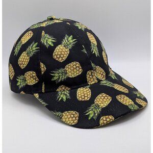 Pineapple All Over Print Adjustable Strap Back Hat Cap Black Vacation Fruit